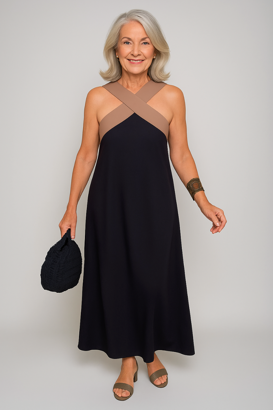 Women's Cross-Neck Maxi Dress with Flowing Design and Versatile Style