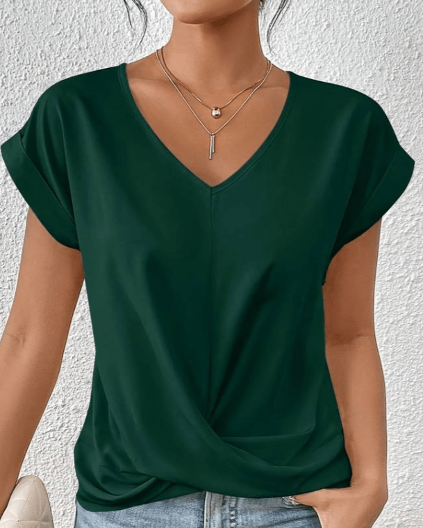 Women's Short Sleeve V-Neck Top with Twist Front and Relaxed Fit