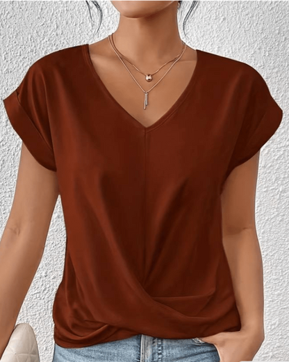 Women's Short Sleeve V-Neck Top with Twist Front and Relaxed Fit