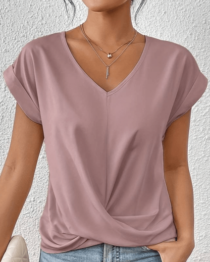 Women's Short Sleeve V-Neck Top with Twist Front and Relaxed Fit