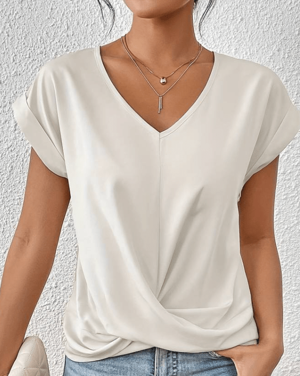 Women's Short Sleeve V-Neck Top with Twist Front and Relaxed Fit