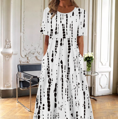 Women's Floral Dress with Short Sleeves and A-Line Silhouette