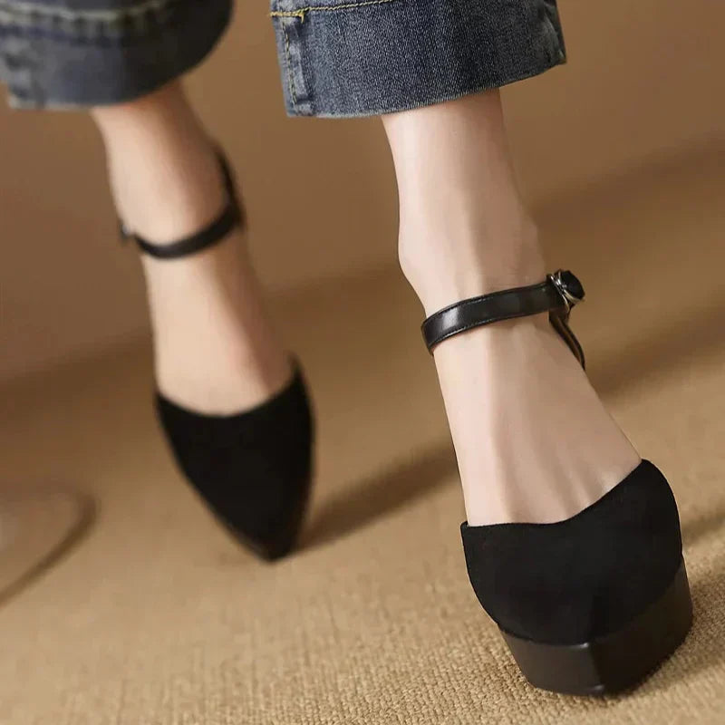 Women's Platform Block Heel Pumps with Ankle Strap and Sturdy Base
