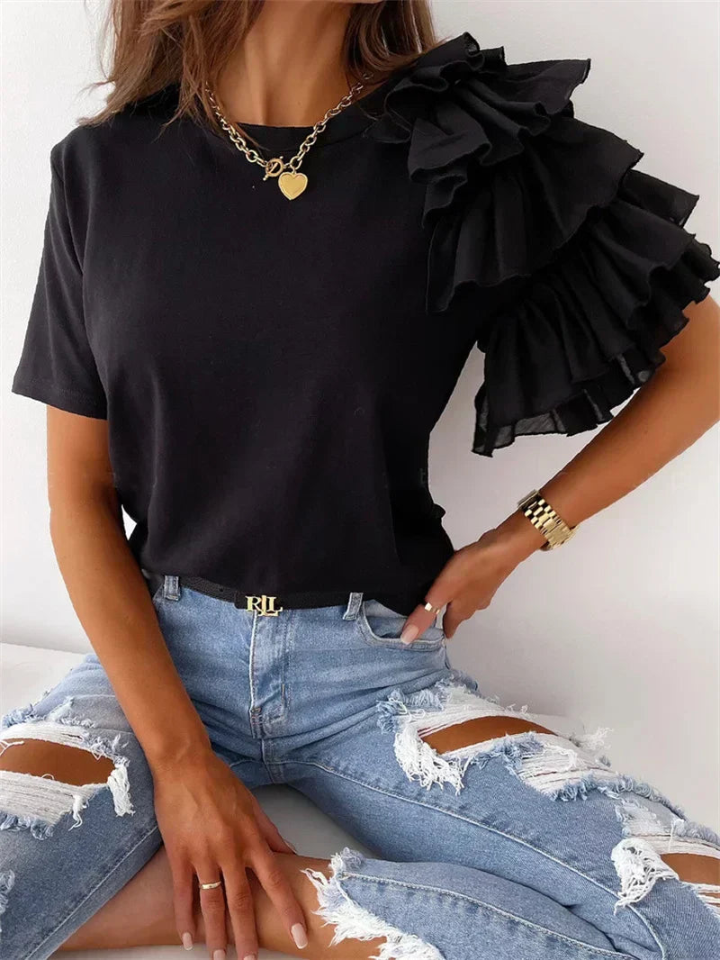 Women's Top with Ruffle Sleeves and Unique Design