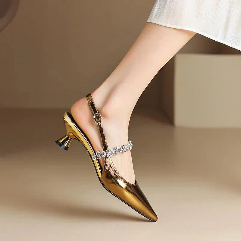 Women's Slingback Heels with Crystal Strap and Pointed Toe