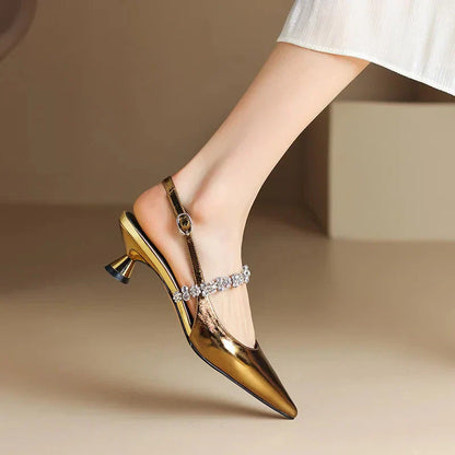 Women's Slingback Heels with Crystal Strap and Pointed Toe