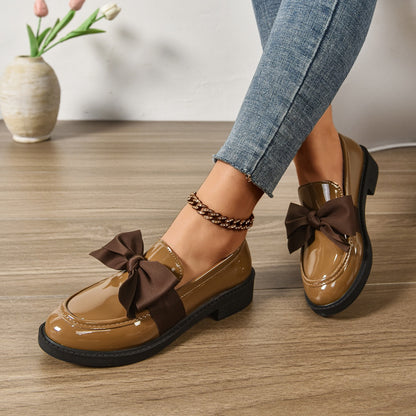 Ayora Women's Glossy Leather Moc-Toe Bow Loafer – Comfortable Platform Slip-On