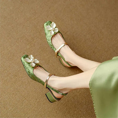 Women's Floral Mary Jane Pumps with Block Heel and Jacquard Strap