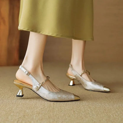 Women's Slingback Kitten Heels with Pearl Strap and Pointed Toe
