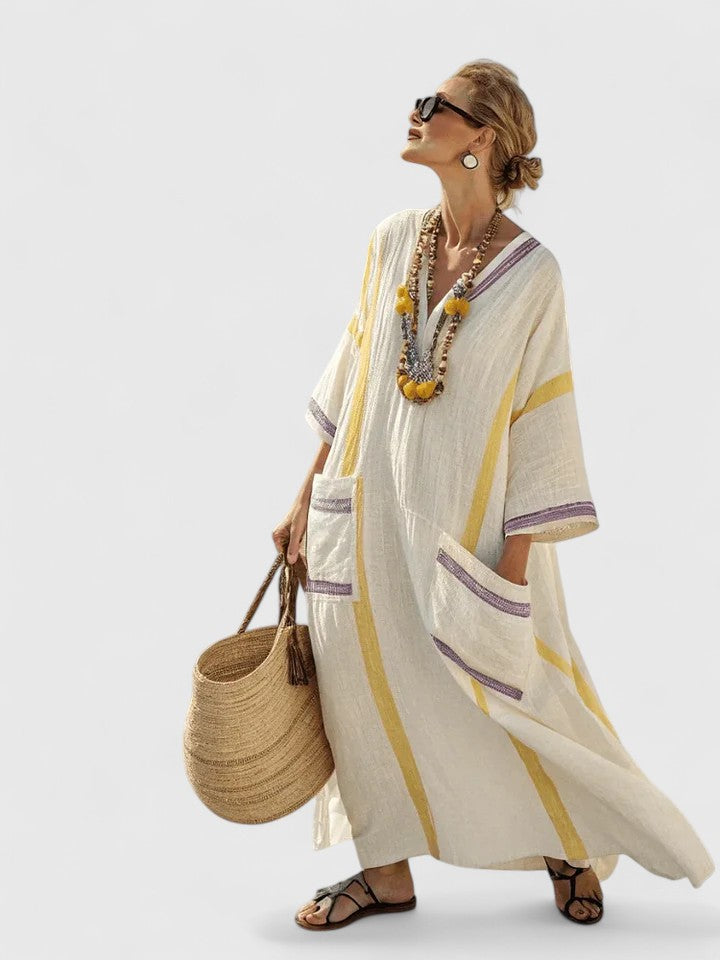 Women’s Linen Blend Kaftan Maxi Dress – Deep V-Neck Stripe Print Airy Flow Dress