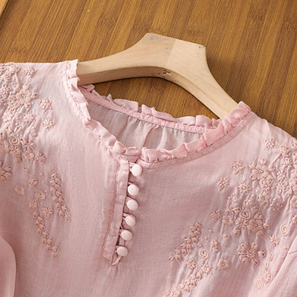 Women's Floral Button-Front Blouse with Short Sleeves and Lightweight Fabric