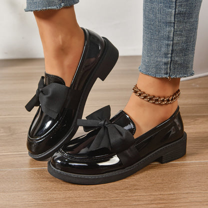 Ayora Women's Glossy Leather Moc-Toe Bow Loafer – Comfortable Platform Slip-On