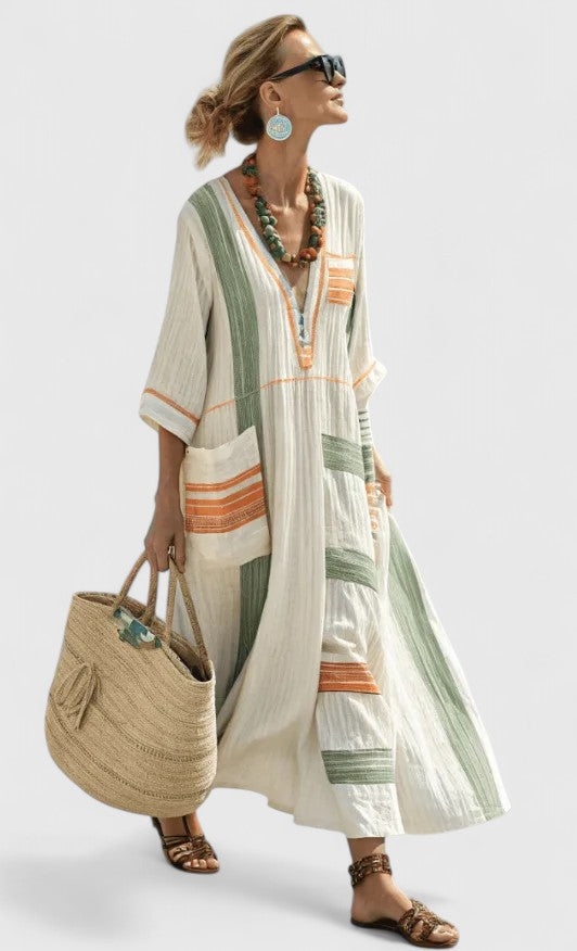 Women’s Striped Maxi Dress – Luxurious Deep V-Neck Draped Flowing Silhouette Dress