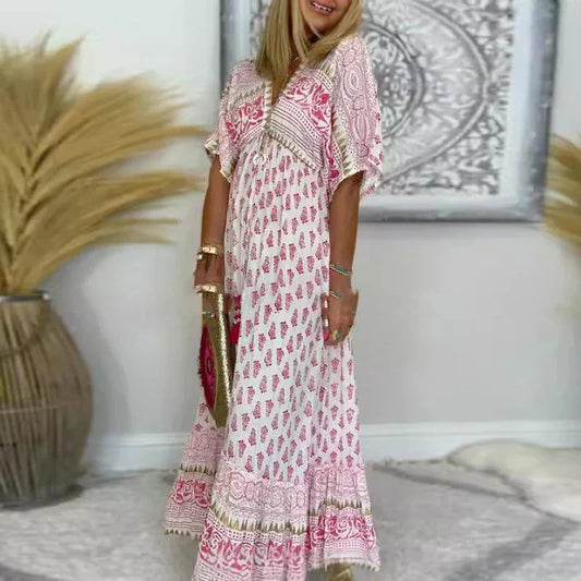 Elegant Women's Boho Floral Print Flowing Maxi Dress for Relaxed Summer Comfort