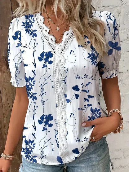 Women's Floral Lace Blouse with V-Neck and Short Sleeves