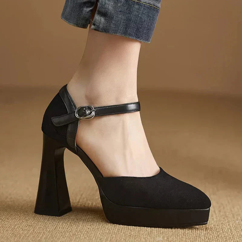 Women's Platform Block Heel Pumps with Ankle Strap and Sturdy Base