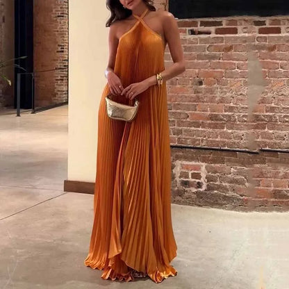 Graceful Pleated Halter Neck Maxi Dress with Flowing Silhouette for Women's Evening Weddings