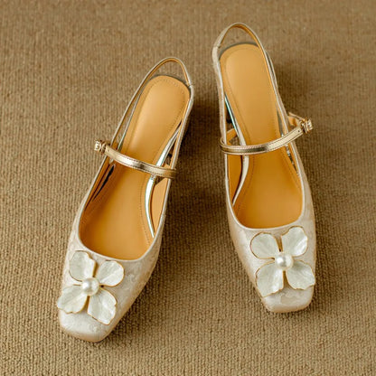 Women's Floral Slingback Pumps with Square Toe and Block Heel
