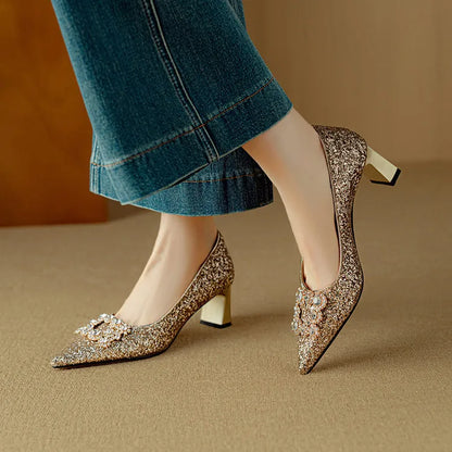 Women's Glitter Block Heel Pumps with Pointed Toe and Crystal Buckle