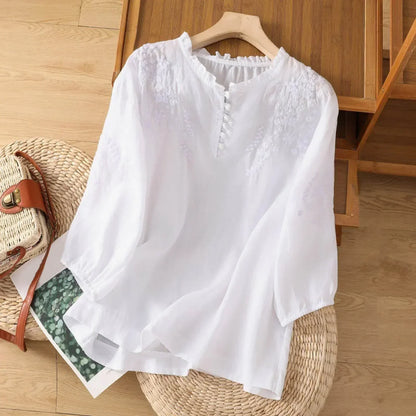 Women's Floral Button-Front Blouse with Short Sleeves and Lightweight Fabric