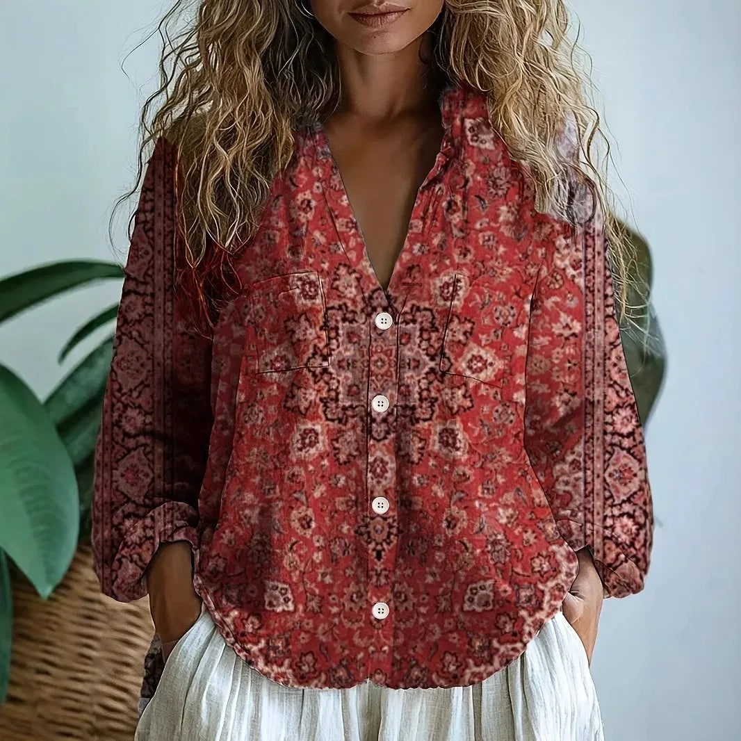Women's Relaxed Blouse with Nature Print and Short Sleeves