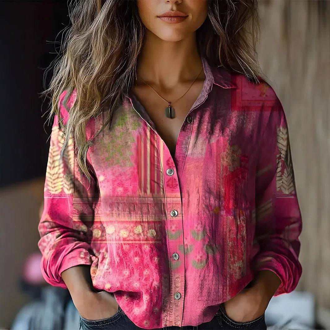 Women's Long Sleeve Button-Down Shirt with Floral Print and Autumn Colors