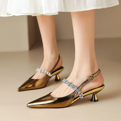 Women's Slingback Heels with Crystal Strap and Pointed Toe