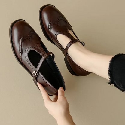 Women's T-Strap Mary Jane Shoes with Low Block Heel and Buckle Closure