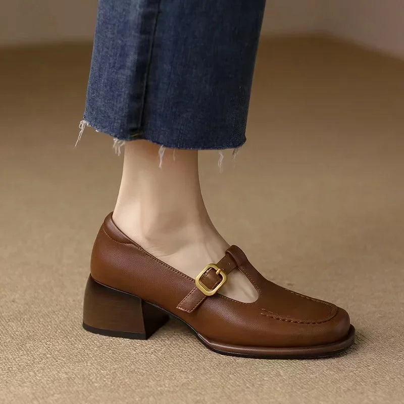 Women's T-Strap Mary Jane Shoes with Square Toe and Low Block Heel