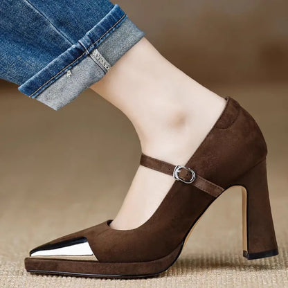 Women's Mary Jane High Heel Pumps with Cap Toe and Block Heel