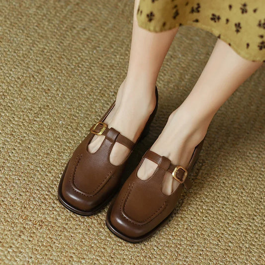 Women's T-Strap Mary Jane Shoes with Square Toe and Low Block Heel