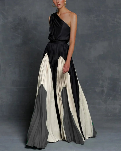 Elegant One-Shoulder Design Color Block Pleated Dramatic Evening Silhouette Maxi Dress