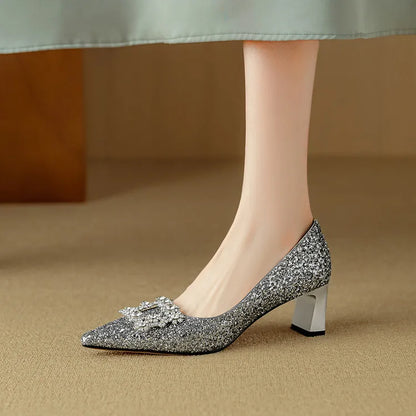Women's Glitter Block Heel Pumps with Pointed Toe and Crystal Buckle