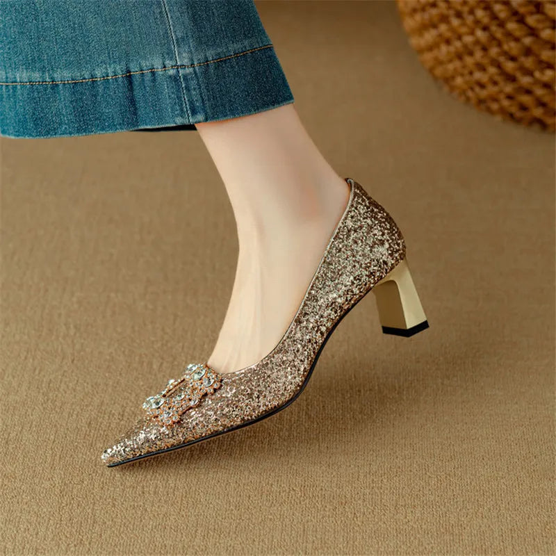 Women's Glitter Block Heel Pumps with Pointed Toe and Crystal Buckle