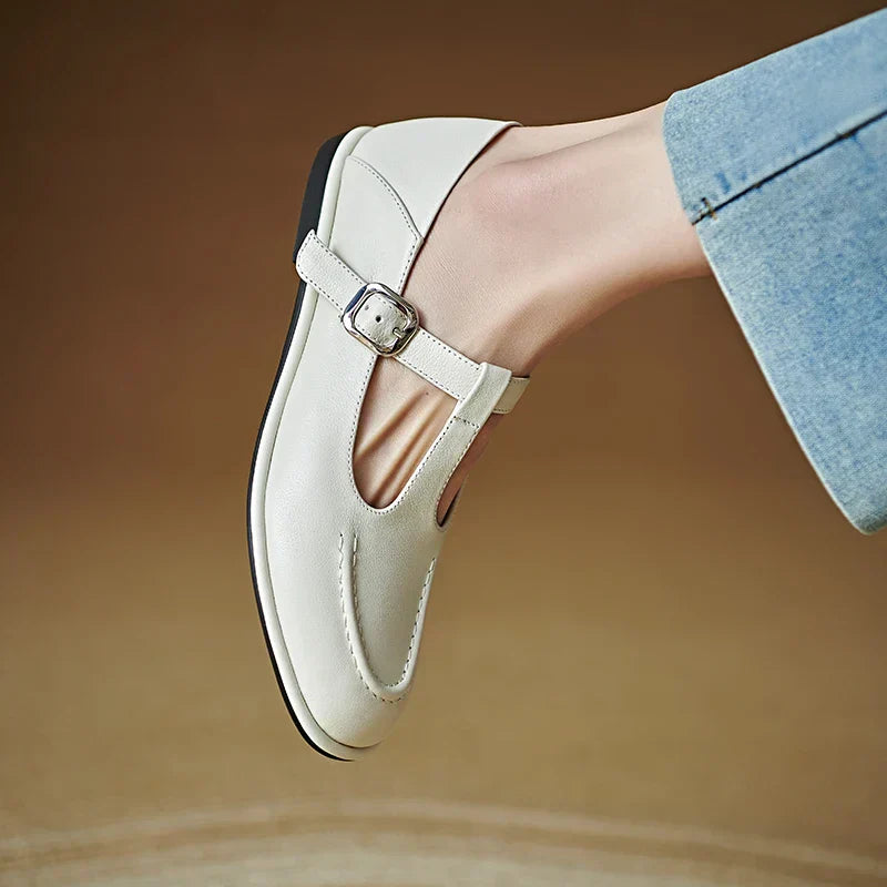 Women's T-Strap Mary Jane Flats with Round Toe and Low Heel