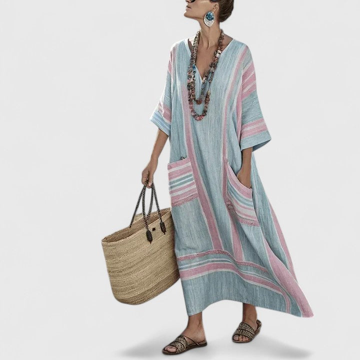 Women’s Mint Stripe Linen Blend Maxi Dress – V-Neck Teal Embroidered Trim Hidden Pockets Dress