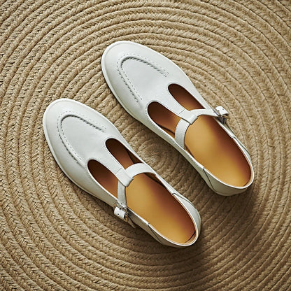 Women's T-Strap Mary Jane Flats with Round Toe and Low Heel