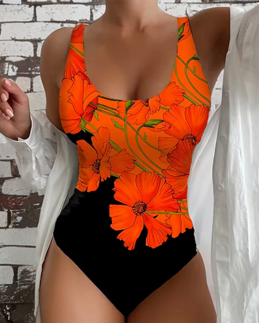 Women's Floral One-Piece Swimsuit with Adjustable Straps and Full Coverage