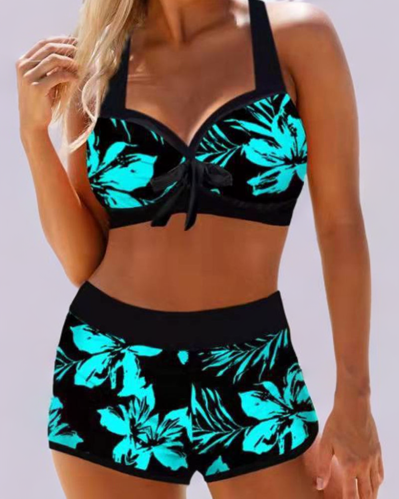 Women's High Waist Swimsuit with Floral Design and Adjustable Straps