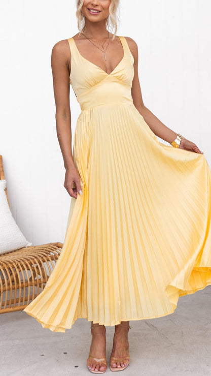 Women's Pleated Maxi Dress with V-Neck and Flowing Design