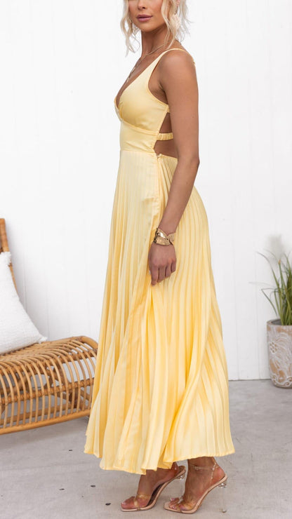 Chic Elegant Pleated V-Neck Cinched Waist Flowy Maxi Dress For Women