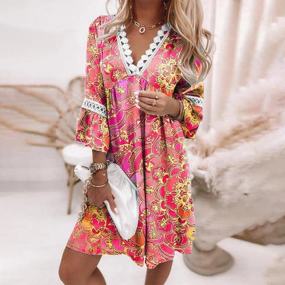 Women's Boho Printed Mini Dress with Loose Fit and Evening Style