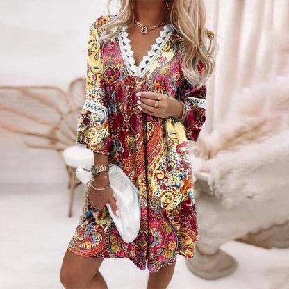 Women's Boho Printed Mini Dress with Loose Fit and Evening Style