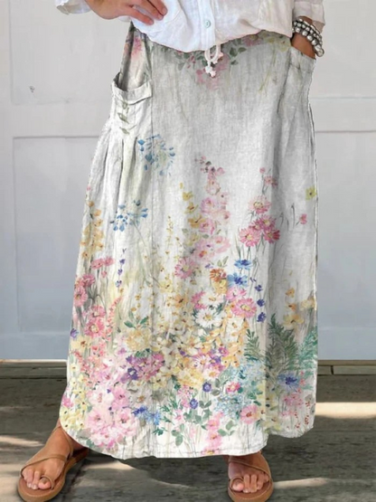 Quinn | Floral Art Skirt with Elastic Waistband and Pockets