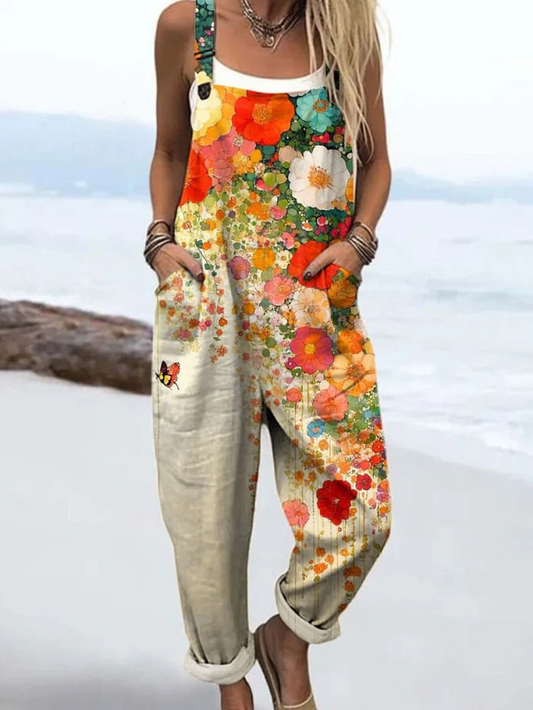 Women's Floral Jumpsuit with Vintage Design and Adjustable Straps