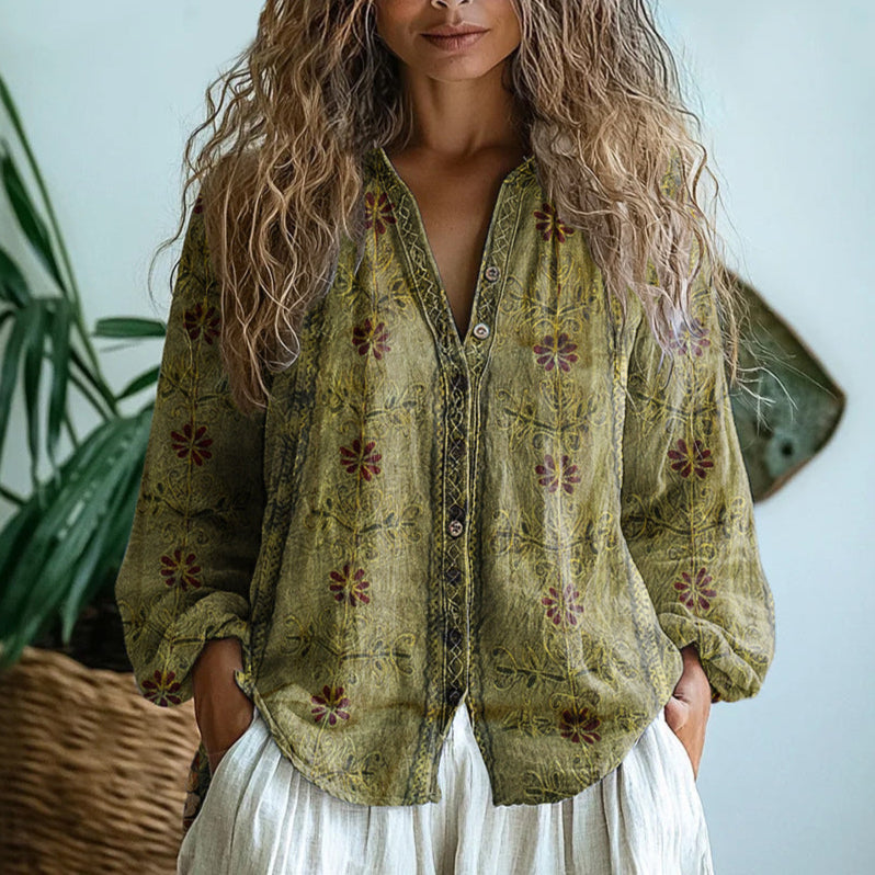 Women's Relaxed Blouse with Nature Print and Short Sleeves