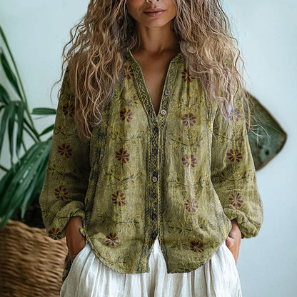 Women's Relaxed Blouse with Nature Print and Short Sleeves