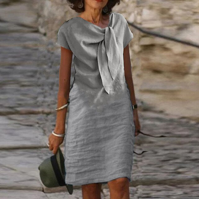 Women’s Crepe Midi Dress – Bow Neckline Three-Quarter Sleeve Elegant Dress