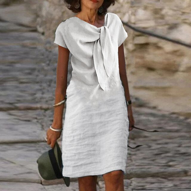 Women’s Crepe Midi Dress – Bow Neckline Three-Quarter Sleeve Elegant Dress