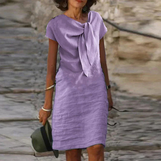 Women’s Crepe Midi Dress – Bow Neckline Three-Quarter Sleeve Elegant Dress